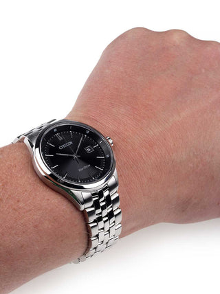 Angle shot of Citizen BM7251-88E Black Dial Silver Stainless Steel Unisex Watch on white background