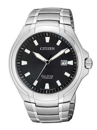 Front view of Citizen BM7430-89E Black Dial Silver Titanium Unisex Watch on white background