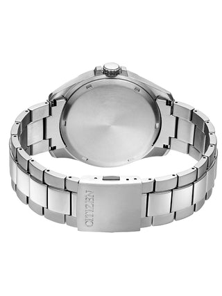 Angle shot of Citizen BM7470-84E Black Dial Silver Titanium Unisex Watch on white background