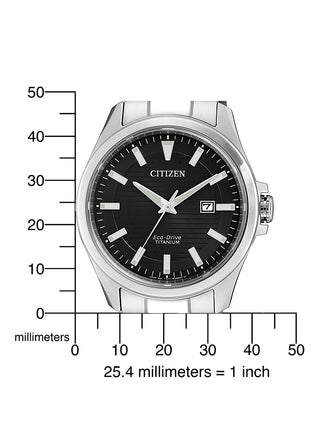 Angle shot of Citizen BM7470-84E Black Dial Silver Titanium Unisex Watch on white background