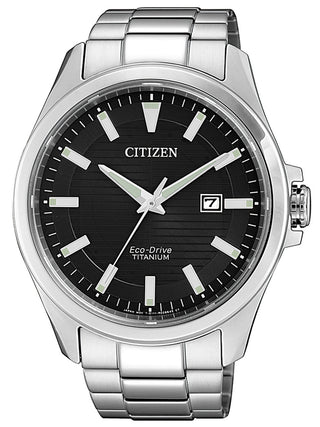 Front view of Citizen BM7470-84E Black Dial Silver Titanium Unisex Watch on white background
