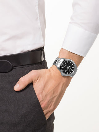Angle shot of Citizen BM7470-84E Black Dial Silver Titanium Unisex Watch on white background