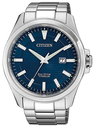 Front view of Citizen BM7470-84L Blue Dial Silver Titanium Unisex Watch on white background