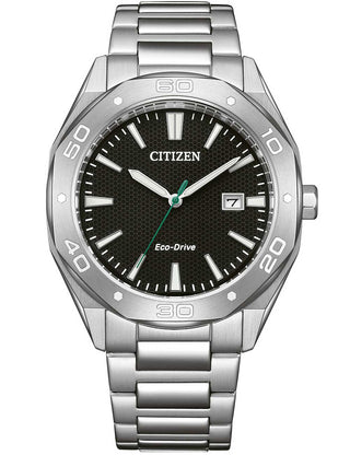 Front view of Citizen BM7631-52E Black Dial Silver Stainless Steel Unisex Watch on white background