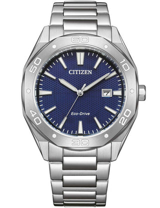 Front view of Citizen BM7631-52L Blue Dial Silver Stainless Steel Unisex Watch on white background