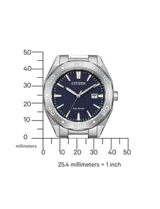Angle shot of Citizen BM7631-52L Blue Dial Silver Stainless Steel Unisex Watch on white background