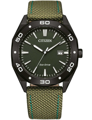 Front view of Citizen BM7635-01X Green Textile Unisex Watch on white background