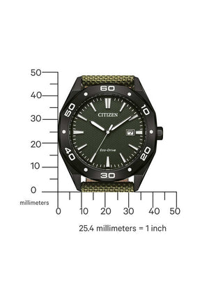 Angle shot of Citizen BM7635-01X Green Textile Unisex Watch on white background