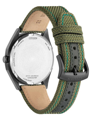 Angle shot of Citizen BM7635-01X Green Textile Unisex Watch on white background