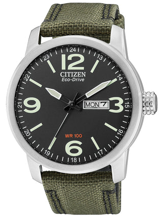 Front view of Citizen Eco-Drive BM8470-11EE Black Dial Green Fabric Mens Watch on white background