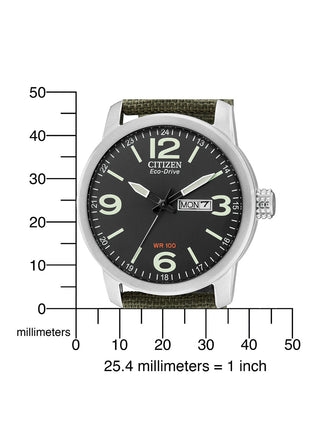 Angle shot of Citizen BM8470-11EE Grey Dial Green Leather Unisex Watch on white background