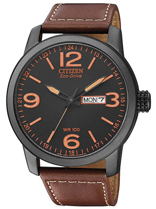 Front view of Citizen Eco-Drive BM8476-07EE Black Dial Brown Leather Mens Watch on white background