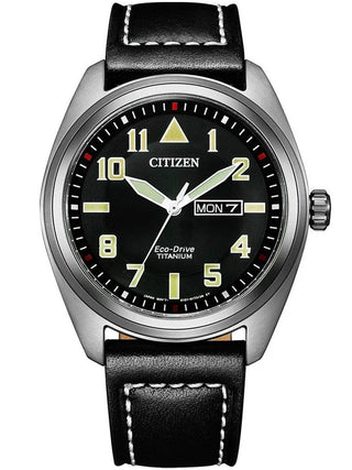 Front view of Citizen BM8560-29EE Black Leather Unisex Watch on white background