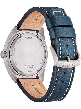 Angle shot of Citizen BM8560-45LE Blue Leather Unisex Watch on white background