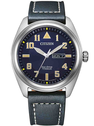 Front view of Citizen BM8560-45LE Blue Leather Unisex Watch on white background