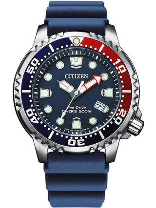 Front view of Citizen BN0168-06L Blue Silicone Unisex Watch on white background