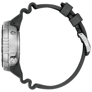 Angle shot of Citizen Chronograph BN1024-01E Black Silicone Unisex Watch on white background