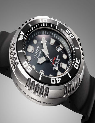 Angle shot of Citizen Chronograph BN1024-01E Black Silicone Unisex Watch on white background