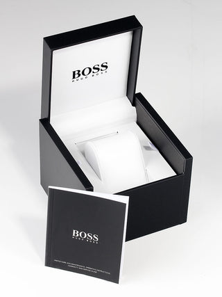 Angle shot of Hugo Boss 1502603 Grey Dial Rose Gold Stainless Steel Womens Watch on white background