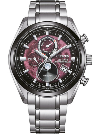 Front view of Citizen BY1018-80X Red Dial Silver Titanium Unisex Watch on white background