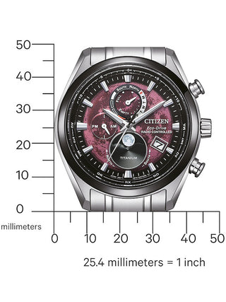 Angle shot of Citizen BY1018-80X Red Dial Silver Titanium Unisex Watch on white background