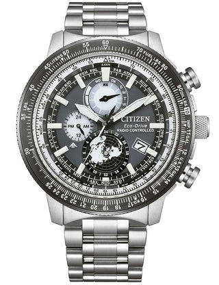 Front view of Citizen Geo Trekker BY3006-53H Grey Dial Silver Stainless Steel Unisex Watch on white background