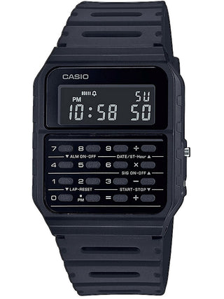 Front view of Casio Calculator Edgy Collection Black CA-53WF-1BEF Black Resin Unisex Watch on white background