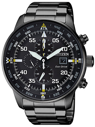 Front view of Citizen Chronograph CA0695-84E Black Stainless Steel Unisex Watch on white background