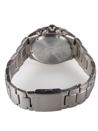 Angle shot of Citizen Chronograph CA0700-86L Blue Dial Silver Titanium Unisex Watch on white background