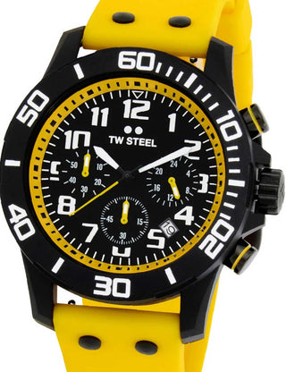 Front view of TW Steel Chronograph CA3 Black Dial Yellow Silicone Unisex Watch on white background