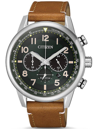 Front view of Citizen Chronograph CA4420-21X Green Dial Brown Leather Unisex Watch on white background