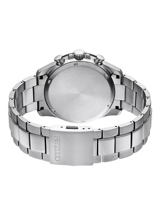 Angle shot of Citizen Chronograph CA4444-82L Blue Dial Silver Titanium Unisex Watch on white background