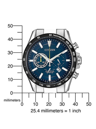 Angle shot of Citizen Chronograph CA4444-82L Blue Dial Silver Titanium Unisex Watch on white background