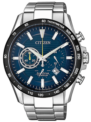 Front view of Citizen Chronograph CA4444-82L Blue Dial Silver Titanium Unisex Watch on white background