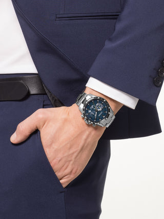 Angle shot of Citizen Chronograph CA4444-82L Blue Dial Silver Titanium Unisex Watch on white background