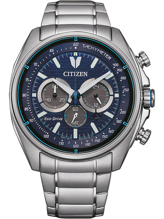 Front view of Citizen Of Collection Active Chrono Eco Drive CA4560-81L Blue Dial Silver Stainless Steel Unisex Watch on white background