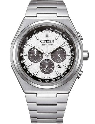 Front view of Citizen Chronograph CA4610-85A White Dial Silver Titanium Unisex Watch on white background