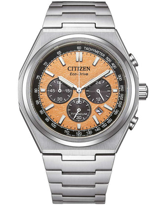 Front view of Citizen Chronograph CA4610-85Z Brown Dial Silver Titanium Unisex Watch on white background