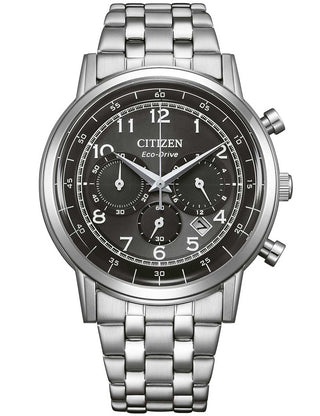 Front view of Citizen Chronograph CA4630-53E Black Dial Silver Stainless Steel Unisex Watch on white background