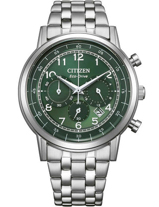 Front view of Citizen Chronograph CA4630-53X Green Dial Silver Stainless Steel Unisex Watch on white background