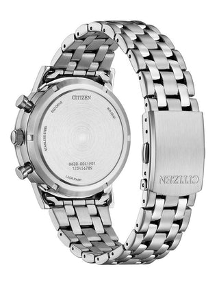 Angle shot of Citizen Chronograph CA4630-53X Green Dial Silver Stainless Steel Unisex Watch on white background
