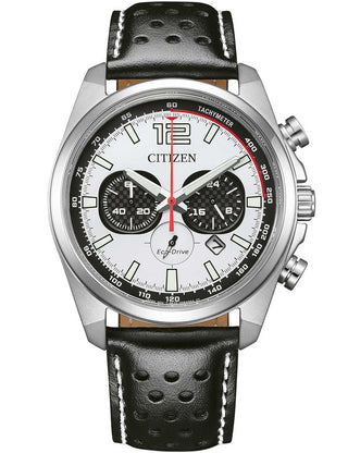 Front view of Citizen Chronograph CA4640-09A White Dial Black Leather Unisex Watch on white background