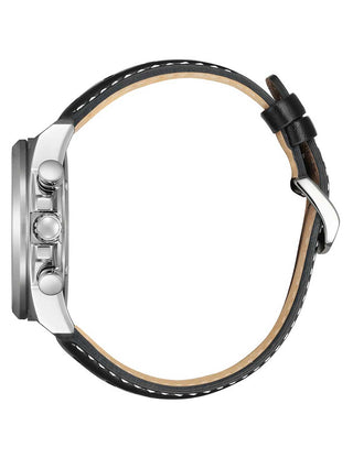Angle shot of Citizen Chronograph CA4640-09A White Dial Black Leather Unisex Watch on white background