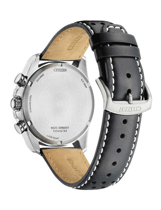 Angle shot of Citizen Chronograph CA4640-09A White Dial Black Leather Unisex Watch on white background