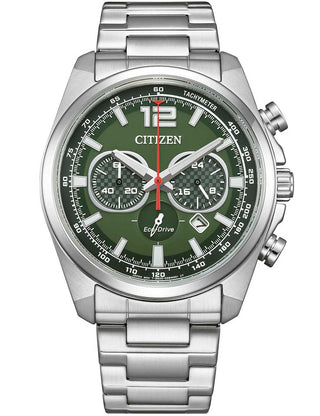 Front view of Citizen Chronograph CA4640-50X Green Dial Silver Stainless Steel Unisex Watch on white background