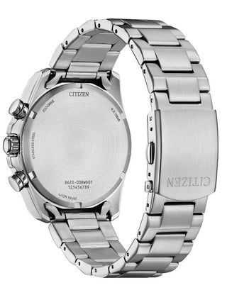 Angle shot of Citizen Chronograph CA4640-50X Green Dial Silver Stainless Steel Unisex Watch on white background
