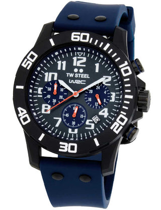 Angle shot of TW Steel Chronograph CA5 Black Dial Blue Silicone Unisex Watch on white background