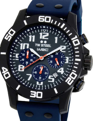 Front view of TW Steel Chronograph CA5 Black Dial Blue Silicone Unisex Watch on white background
