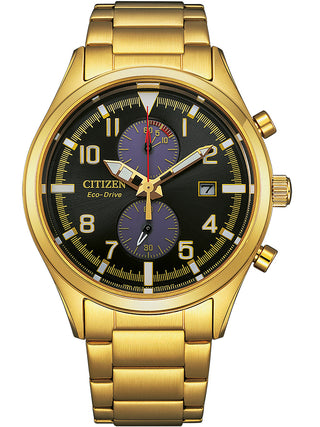 Front view of Citizen Chronograph CA7022-87E Black Dial Gold Stainless Steel Unisex Watch on white background