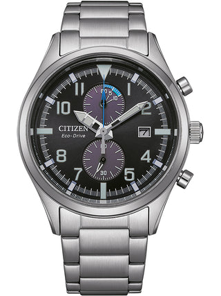 Front view of Citizen Sport Chrono Eco Drive CA7028-81E Black Dial Silver Stainless Steel Unisex Watch on white background